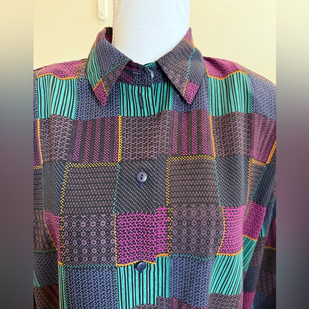Alia Patchwork Geometric Button Down Size 16 Abstract 90s Vintage Grunge Indie - Picture 6 of 9